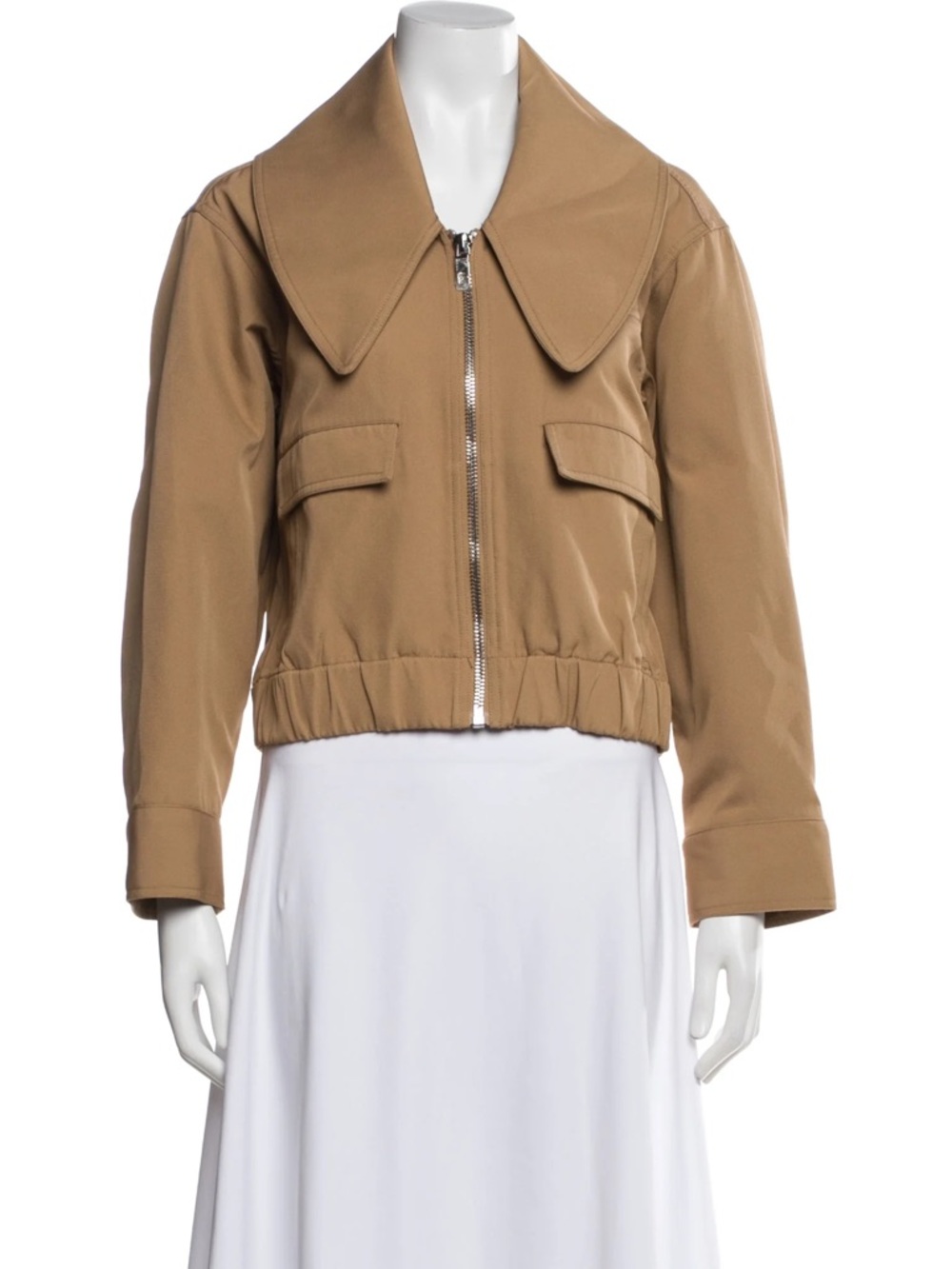 Ganni Cropped Tan Bomber Jacket with Oversized Collar